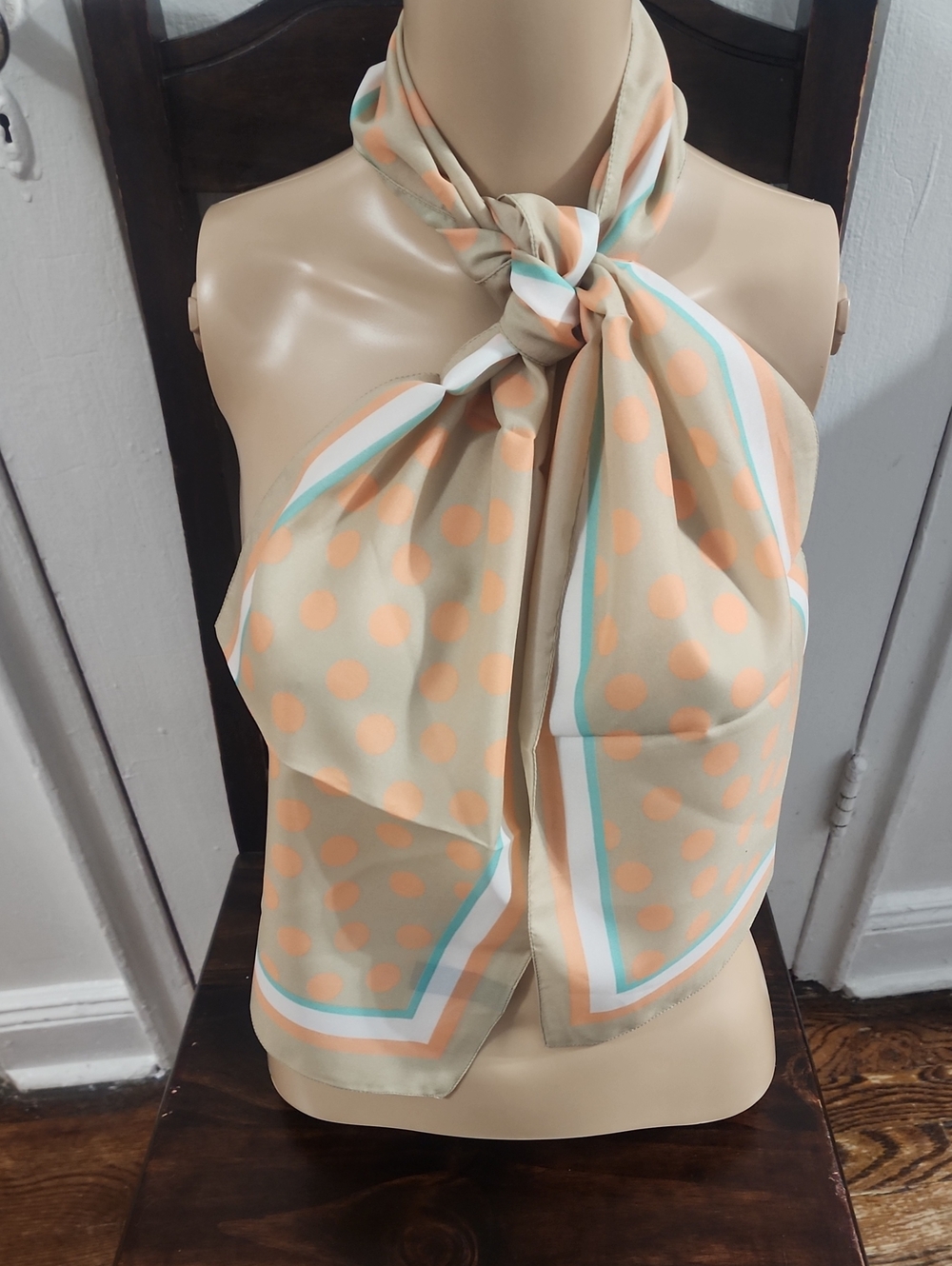 Vintage Liz Sinclair Oblong Taupe with Coarl Poka Dots Scarf NWOT Made in Italy